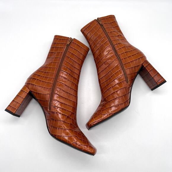 BY FAR Celine Square Toe Croc Embossed Boot Womens 40 Brown Leather Ankle Heeled - Picture 7 of 12